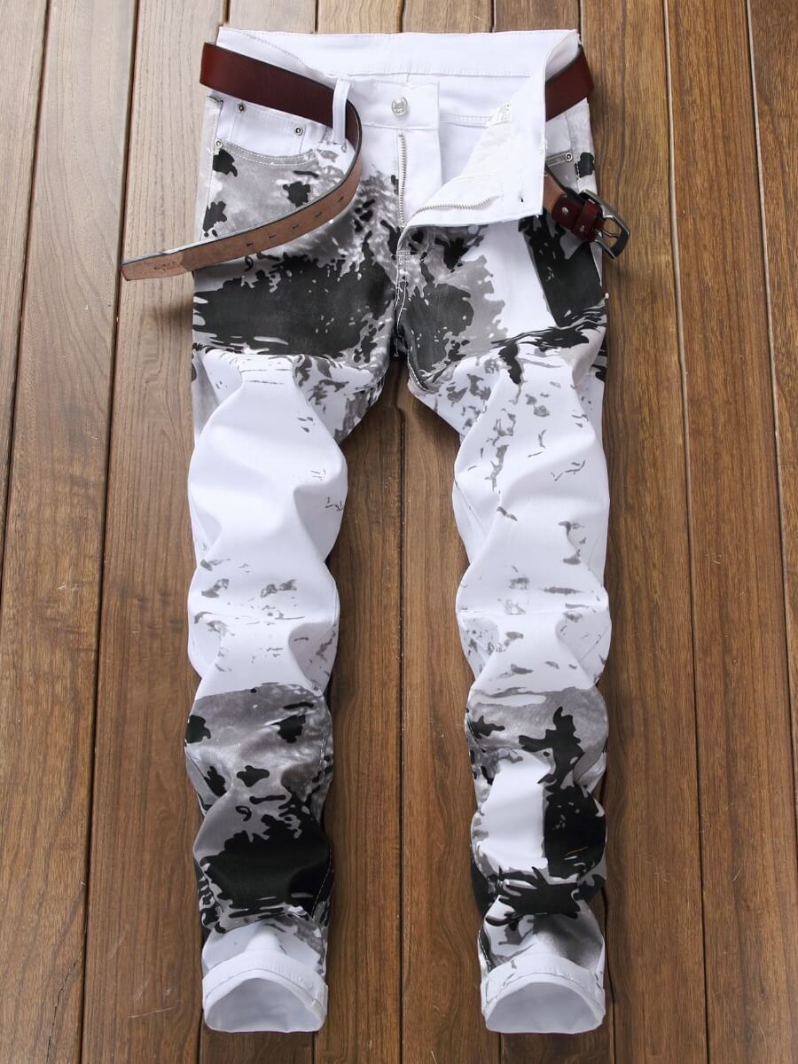 

Lovely Men Casual Mid Waist Tie-dye White Jeans