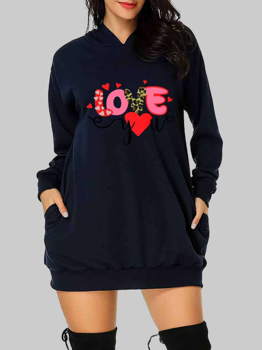 

Lovely Casual Hooded Collar Letter Print Black Mini Plus Size Dress