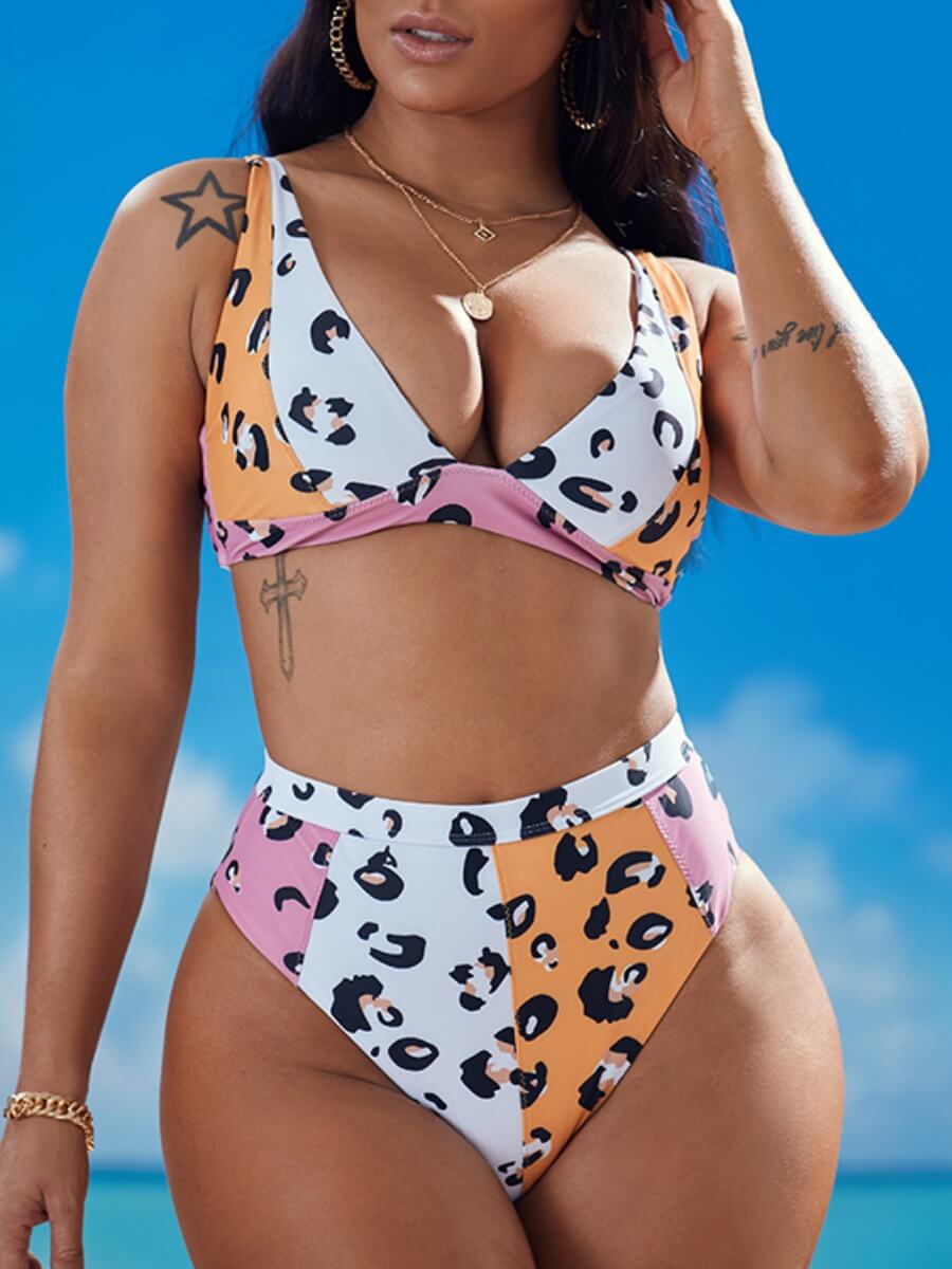 

Lovely Trendy Leopard Print Patchwork Pink Two-piece Swimsuit