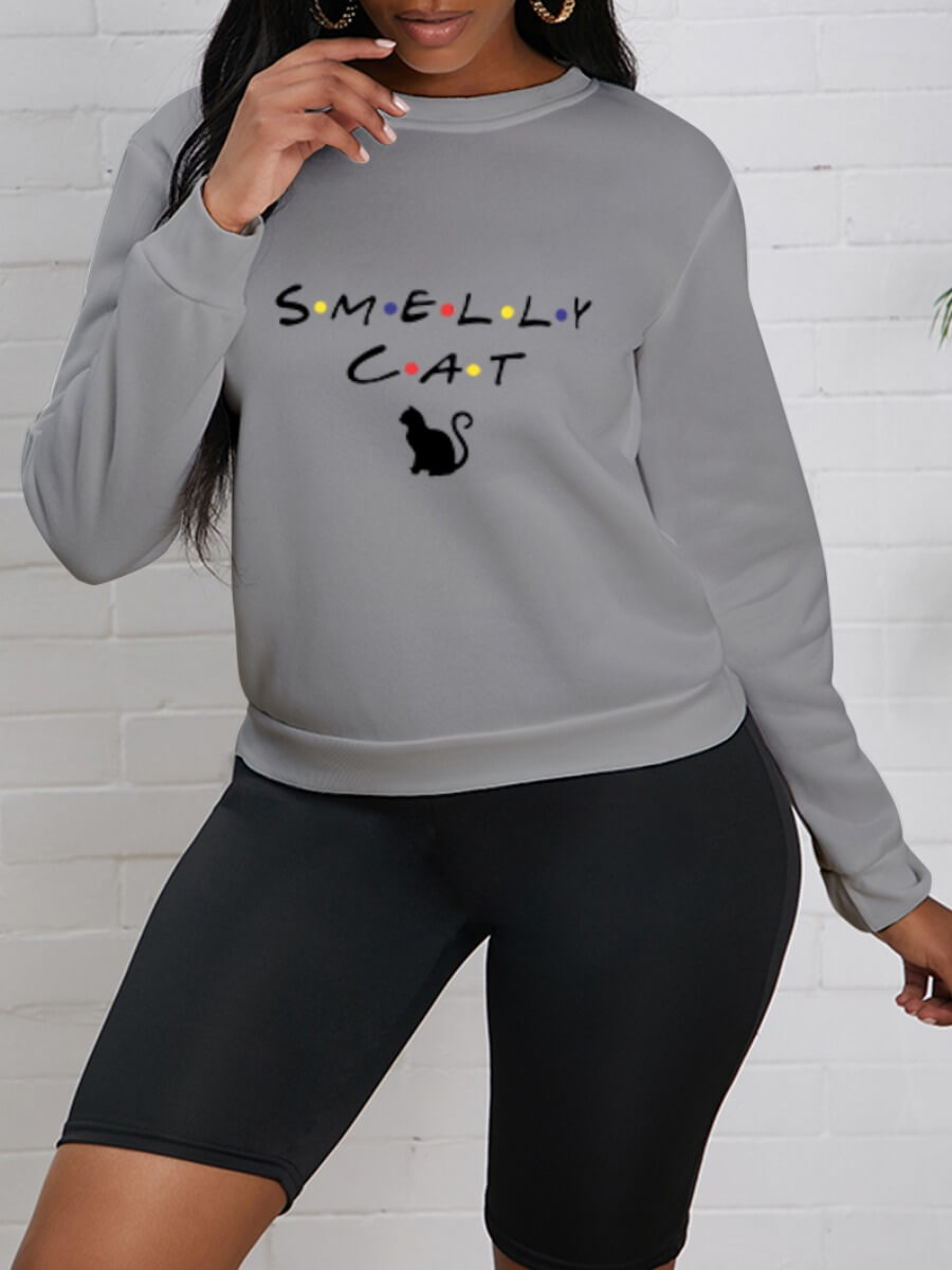 

Lovely Casual O Neck Cat Letter Print Grey Hoodie