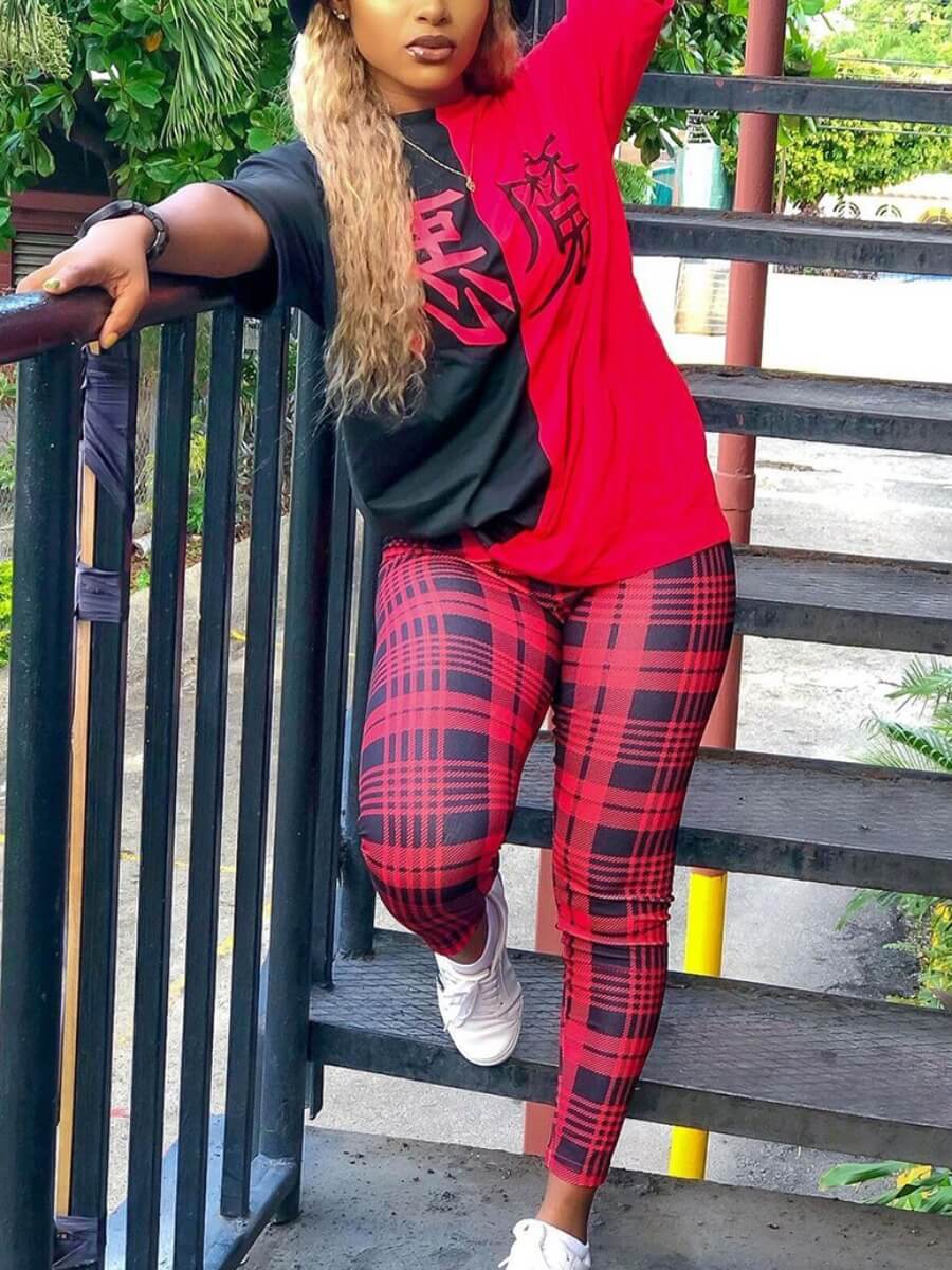 

Lovely Trendy Chinese Character Plaid Print Patchwork Red Two Piece Pants Set