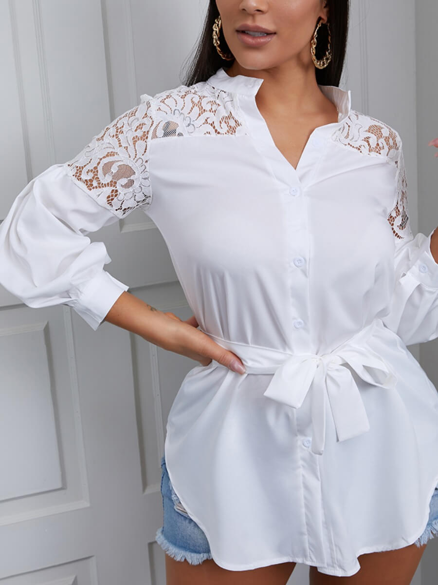 

Lovely Formal Lace-up Mesh Patchwork Asymmetrical White Blouse