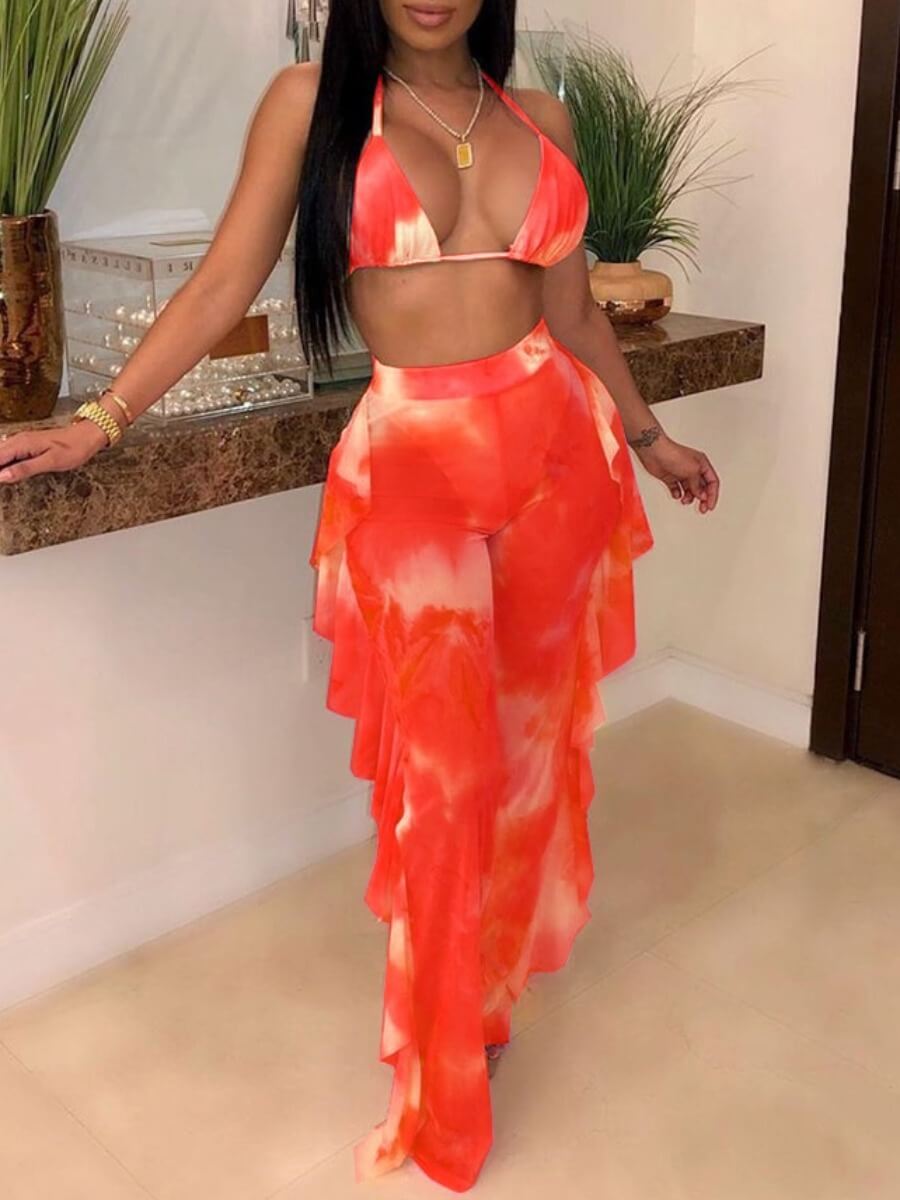 

Lovely Sweet Tie-dye Flounce Design Red Two-piece Swimsuit