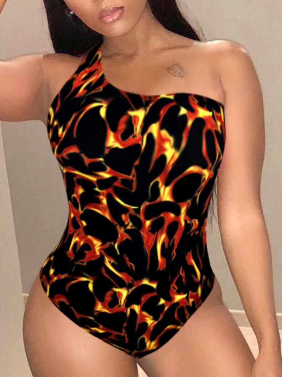 

Lovely Casual One Shoulder Flame Print Black One-piece Swimsuit