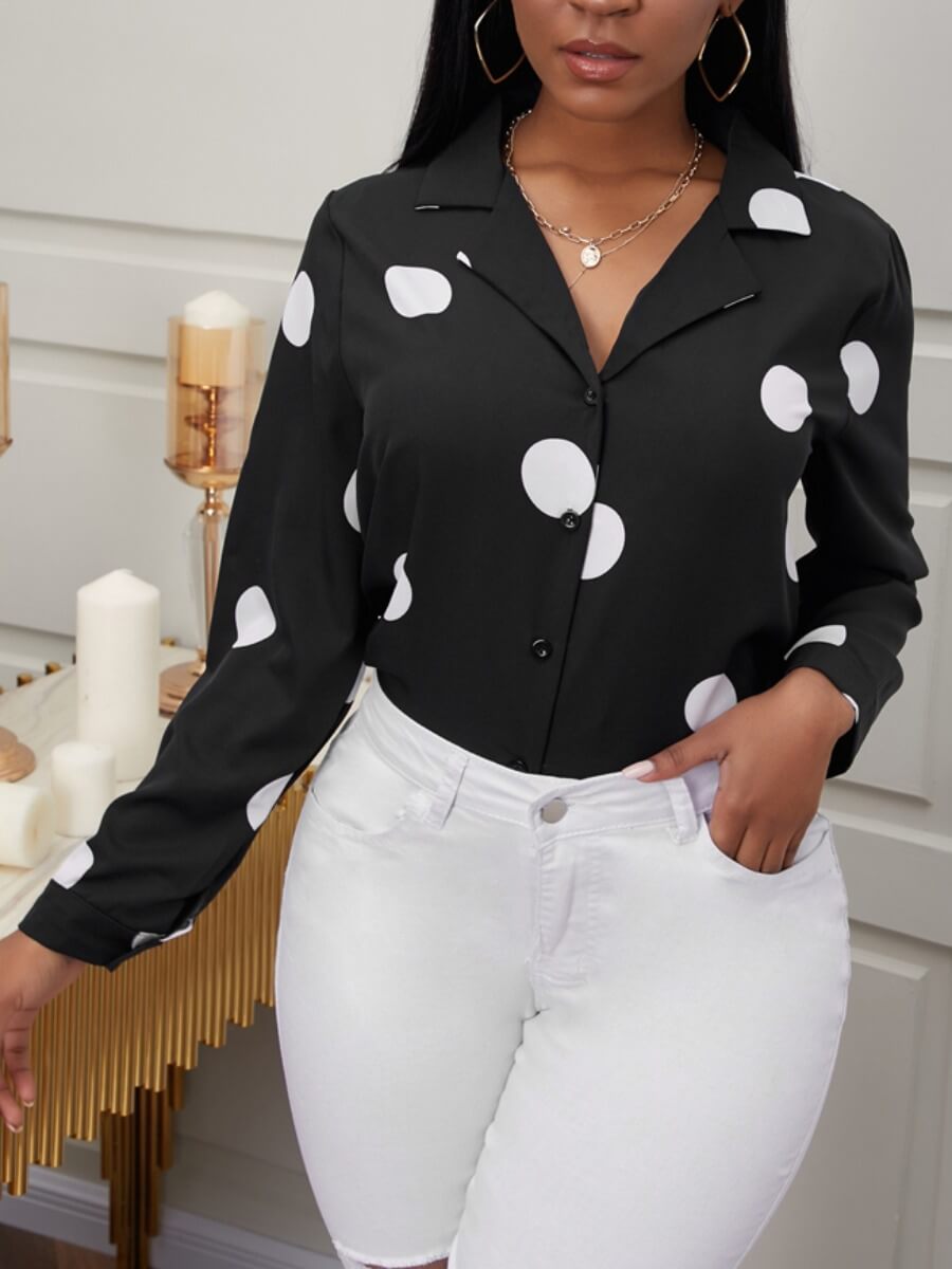 

Lovely Formal Dot Print Patchwork Black Blouse
