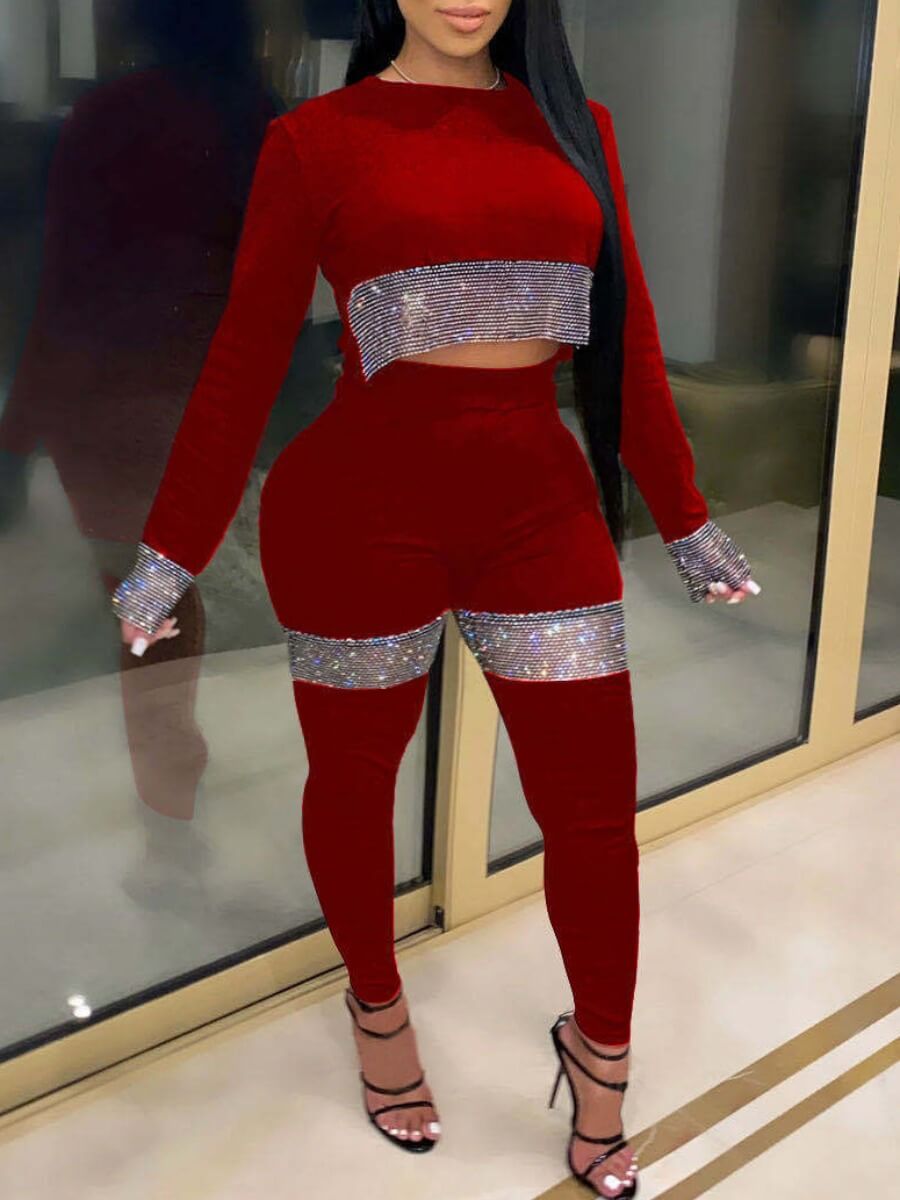 

Lovely Casual O Neck Sequined Patchwork Wine Red Plus Size Two-piece Pants Set