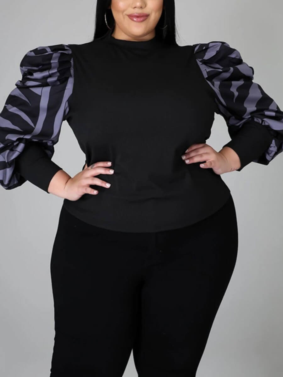 

Lovely Sweet Ruffle Design Striped Patchwork Black Plus Size T-shirt