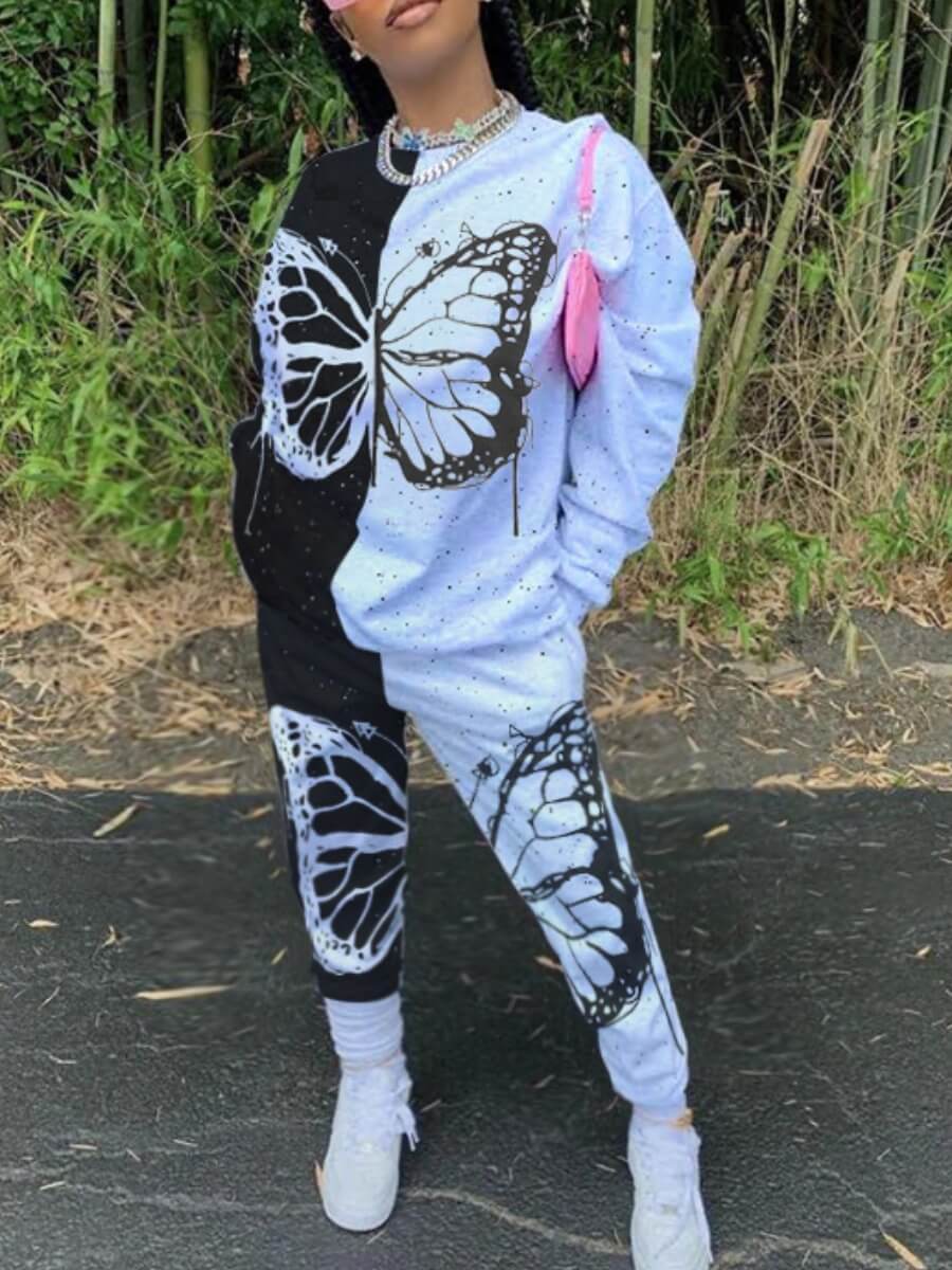

LW Plus Size Butterfly Print Pants Set (Right Side Is Baby Blue), Black