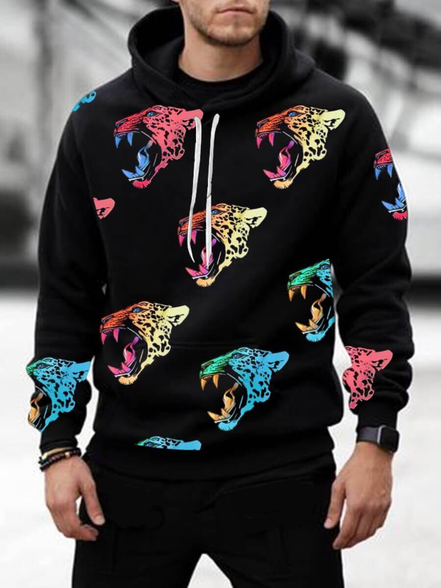 

Lovely Men Casual Hooded Collar Drawstring Print Black Hoodie