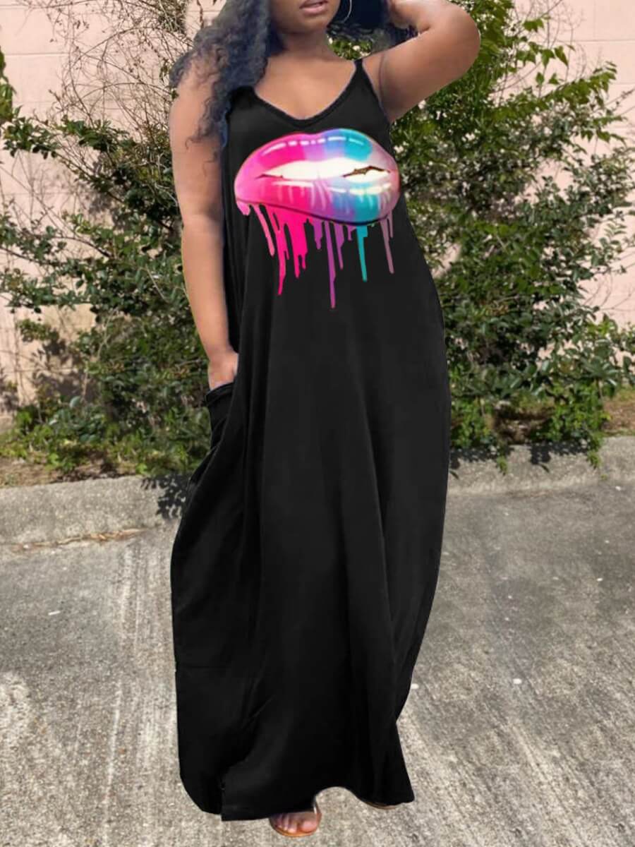 LW Casual Spaghetti Strap Lip Print Black Floor Length Dress