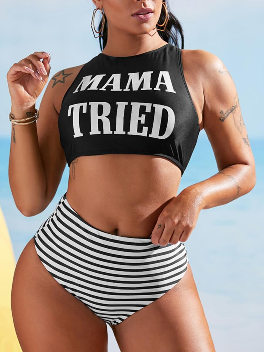 

Lovely Casual O Neck Letter Print Black Tankini