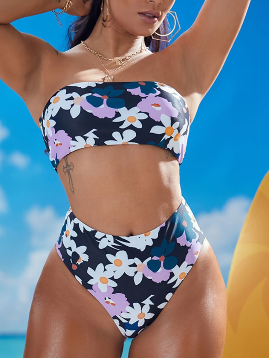 

Lovely Bohemian Floral Print Dark Blue Two-piece Swimsuit