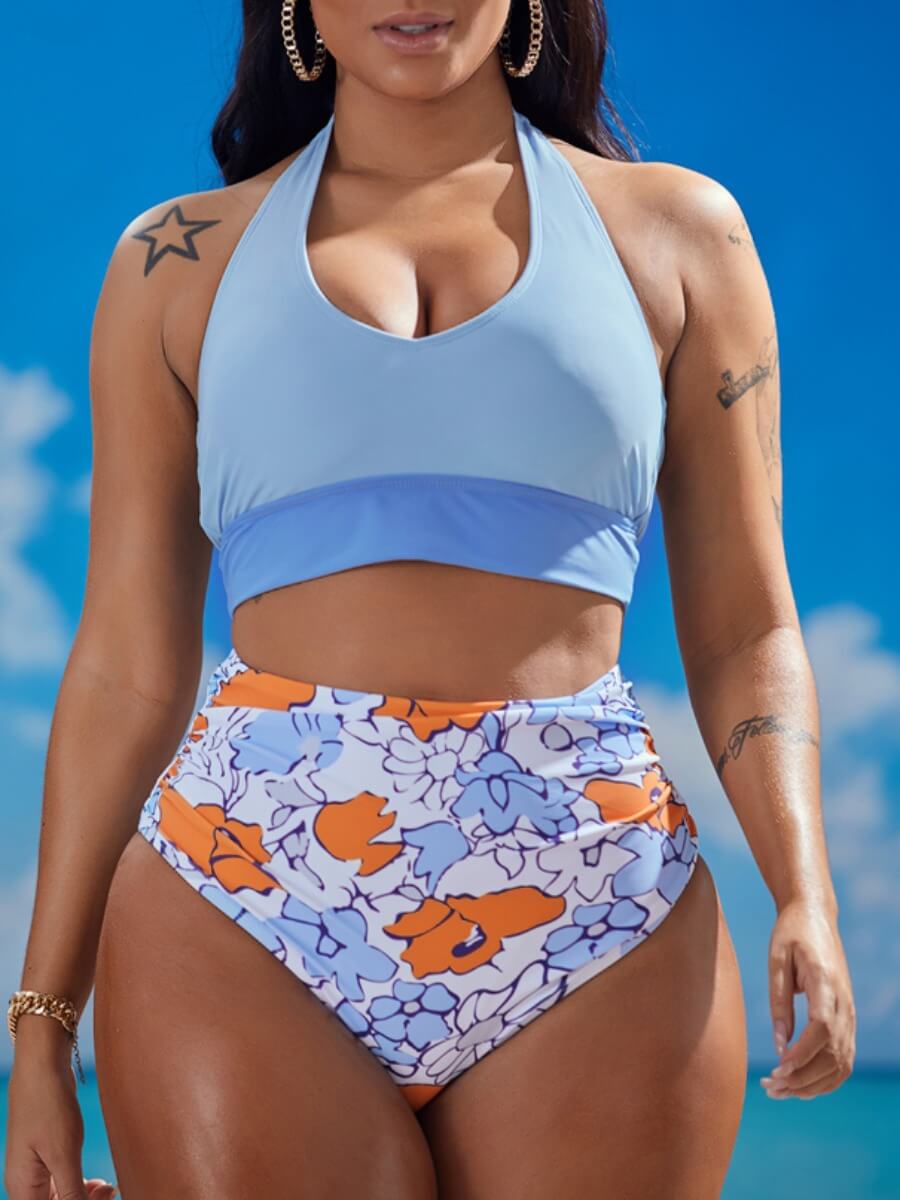 

Lovely Casual Halter Neck Print Blue Tankini
