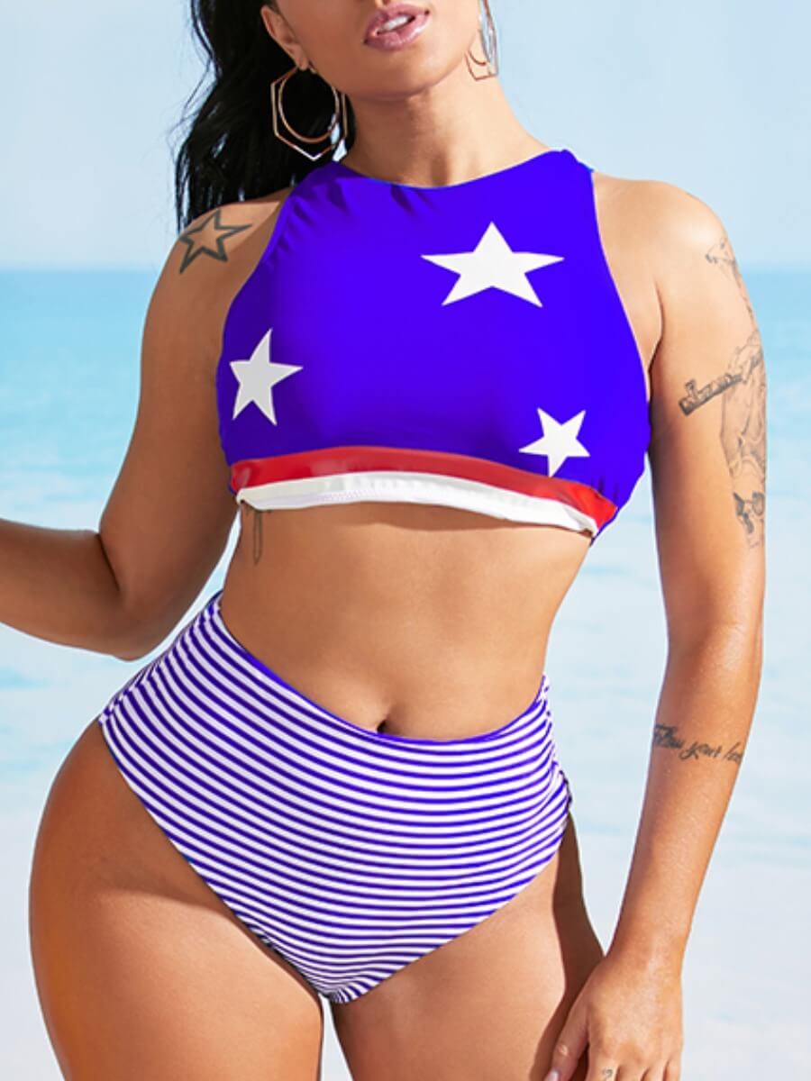 

Lovely Sportswear Striped Print Patchwork Blue Tankini