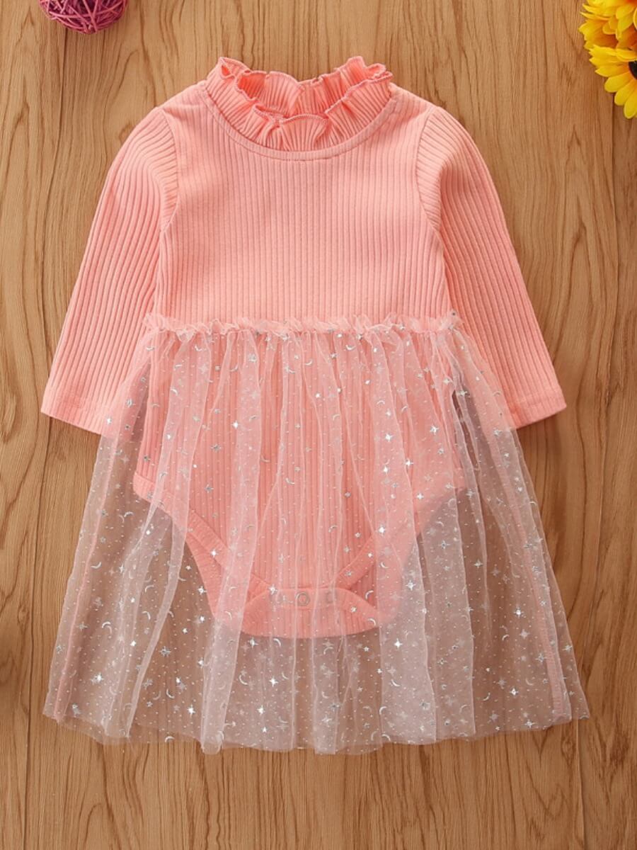 

Lovely Casual O Neck Lace Stitching Pink Girl Bodysuit