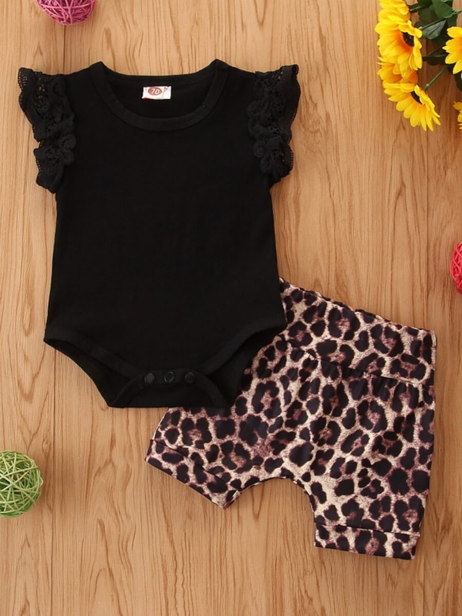 

Lovely Casual O Neck Leopard Print Black Girl Two Piece Shorts Set