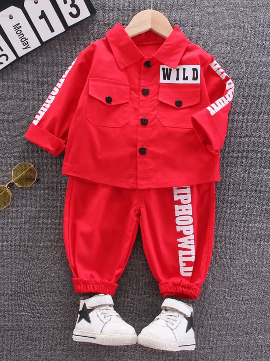 

Lovely Street Letter Print Button Design Red Boy Two Piece Pants Set