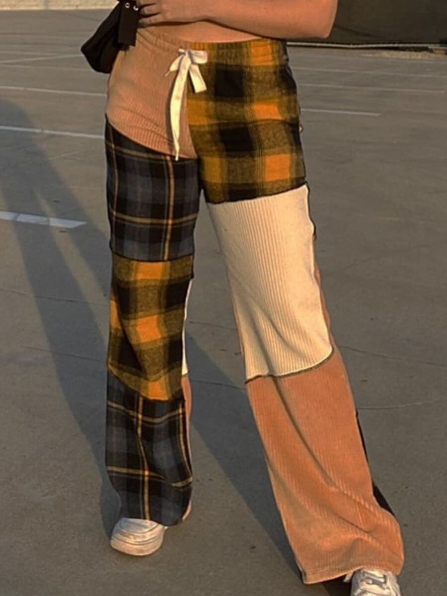 

Lovely Street Elastic Waist Color-Block Patchwork Khaki Pants