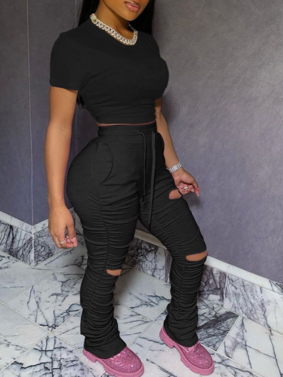 

Lovely Terylene/cotton Casual Solid Regular sleeve Fold Skinny Short Sleeve O Neck Yes(Elastic) Solid Color Twopiece Pants Set, Black