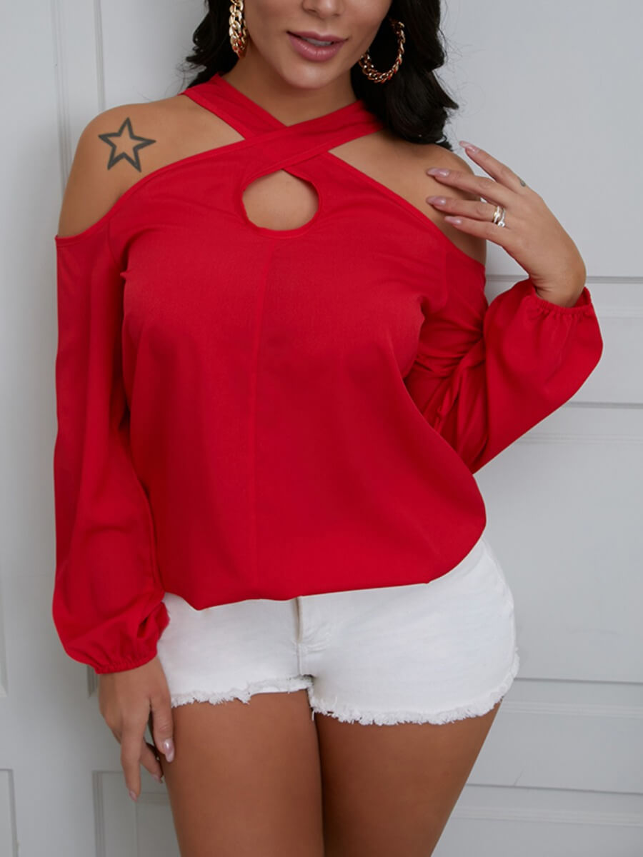 

Lovely Sexy Halter Neck Hollow-out Red Blouse