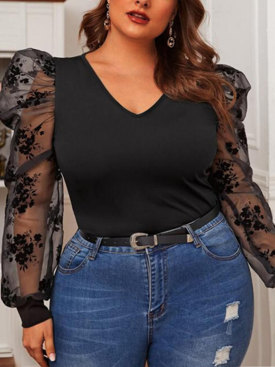 

Lovely Sweet Floral See-through Ruffle Design Black Plus Size T-shirt