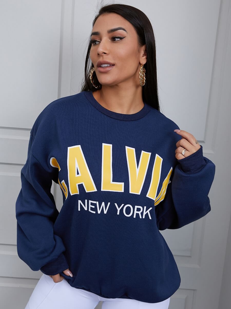 

Lovely Casual O Neck Letter Print Dark Blue Hoodie