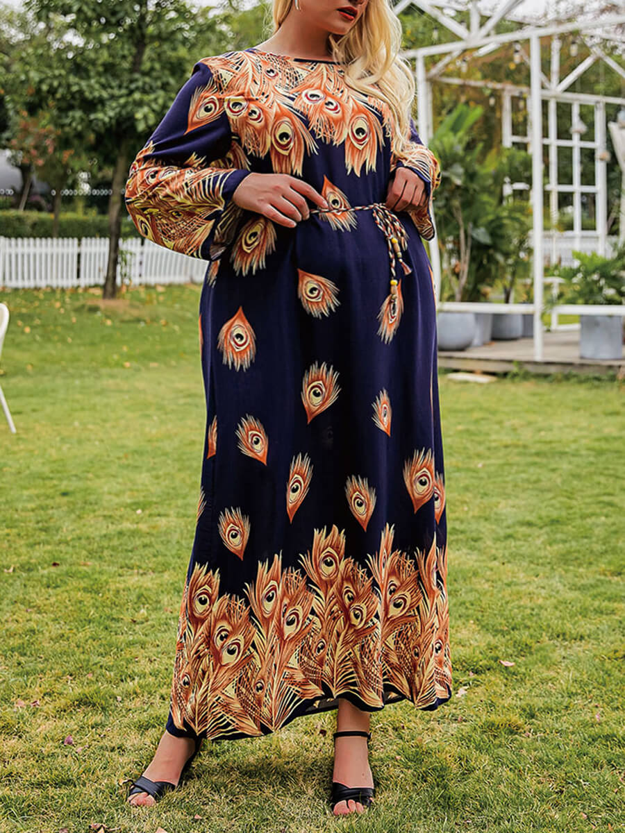 

Lovely Casual O Neck Print Bandage Design Royalblue Ankle Length Plus Size Dress