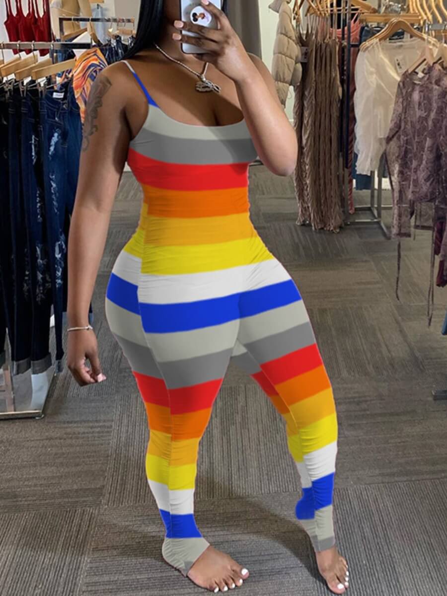 

LW Plus Size Casual Spaghetti Strap Striped Print Multicolor One-piece Jumpsuit, Multi