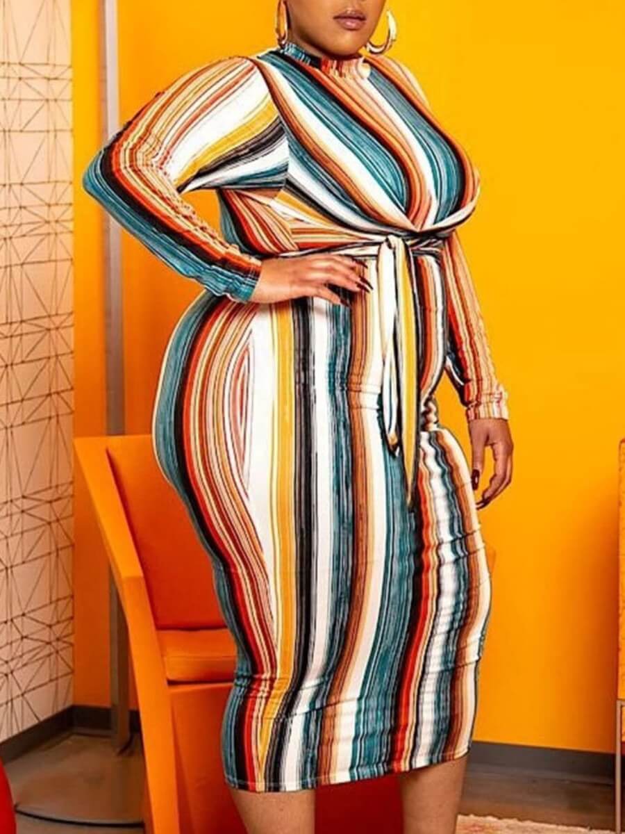 

Lovely Casual Half A Turtleneck Striped Print Multicolor Mid Calf Plus Size Dress, Multi