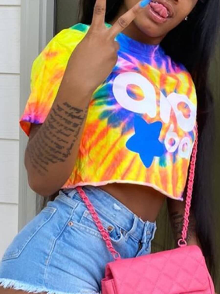 

Lovely Casual Raw Edge Tie-dye Print Multicolor T-shirt, Multi