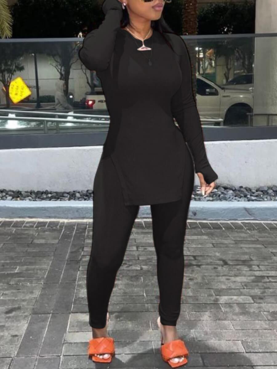 

Lovely Casual O Neck Black Two Piece Pants Set