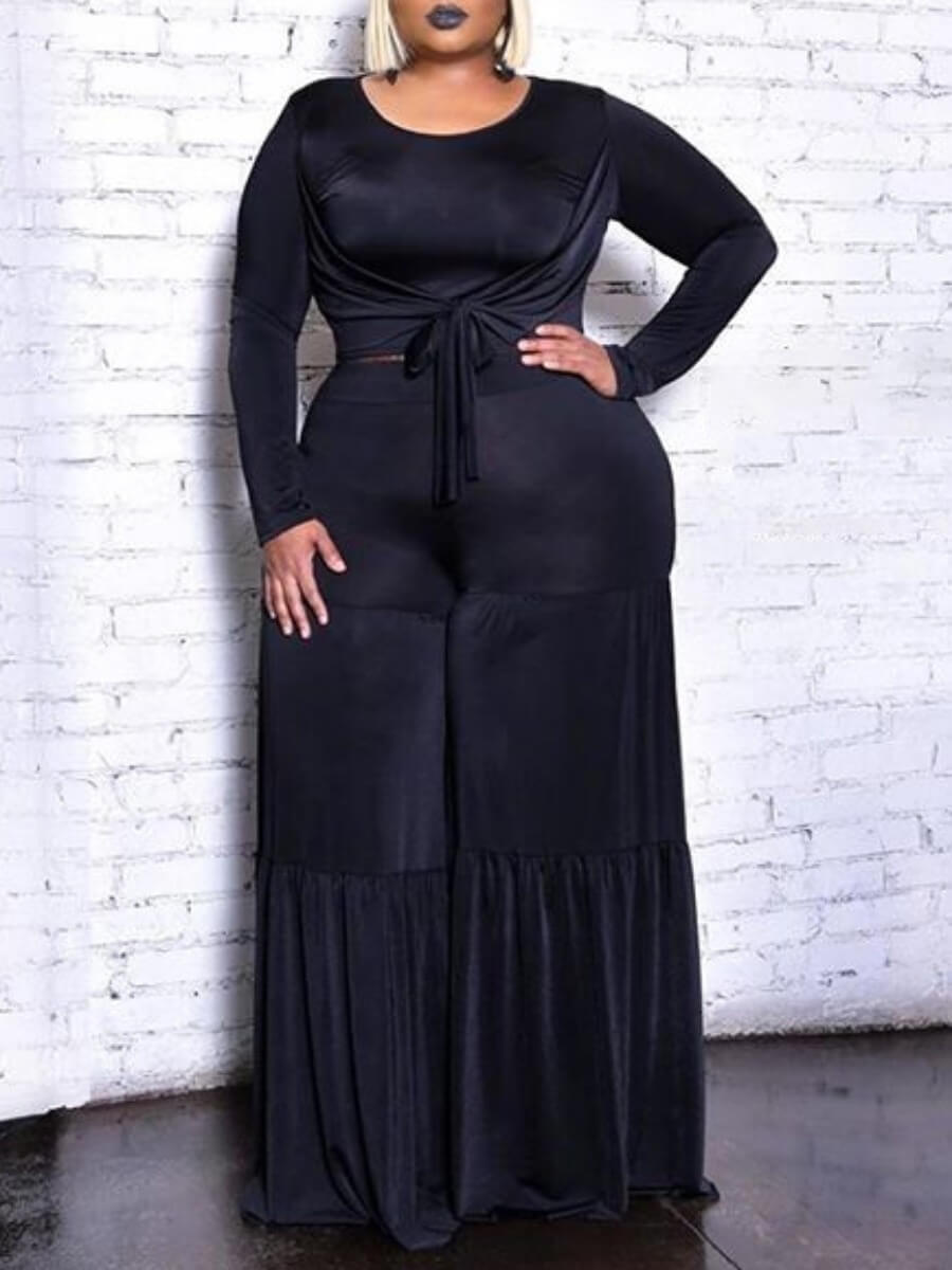 

Lovely Casual O Neck Ruffle Design Black Plus Size Two-piece Pants Set