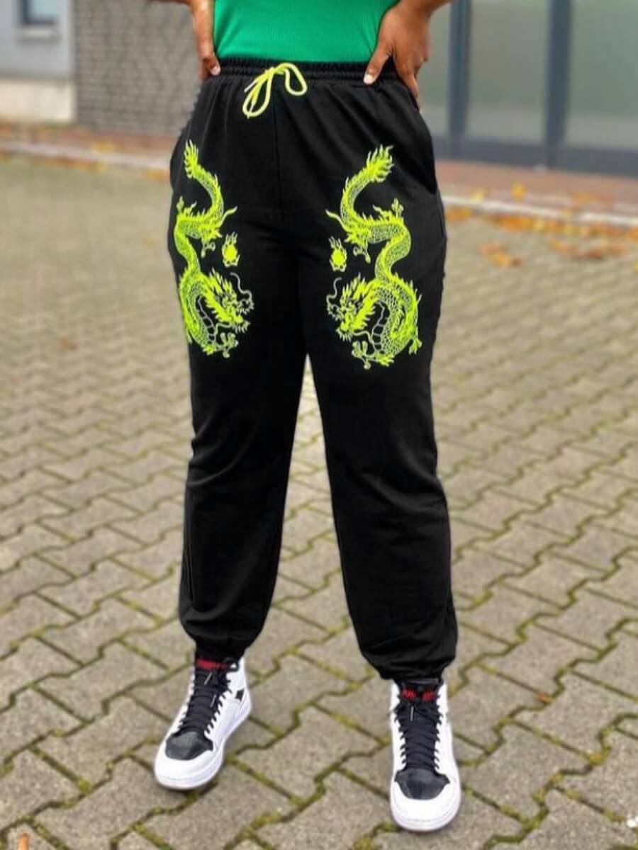 

Lovely Casual Mid Waist Print Drawstring Design Black Pants
