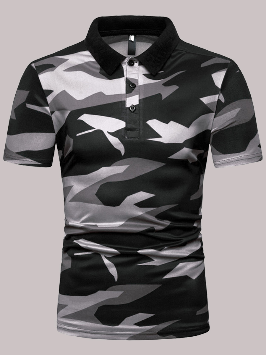 Lovely Casual Turndown Collar Camo Print Black Men Polo
