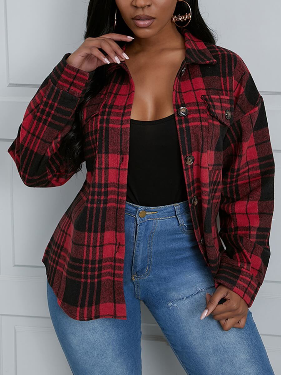 

Lovely Casual Plaid Print Pocket Design Red Blouse