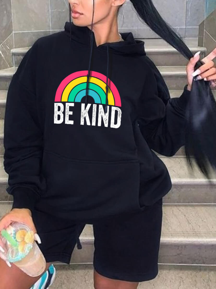 

Lovely Casual Hoodie Collar Letter Rainbow Print Black Plus Size Hoodie