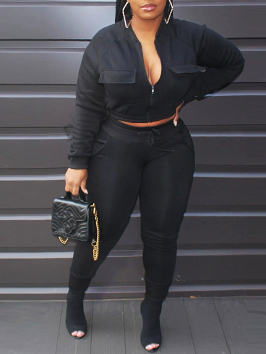 

Lovely Street Pocket Design Drawstring Black Two Piece Pants Set
