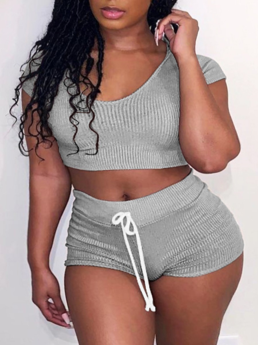 

Lovely Casual U Neck Rib-Knit Drawstring Grey Yoga Two Piece Shorts Set