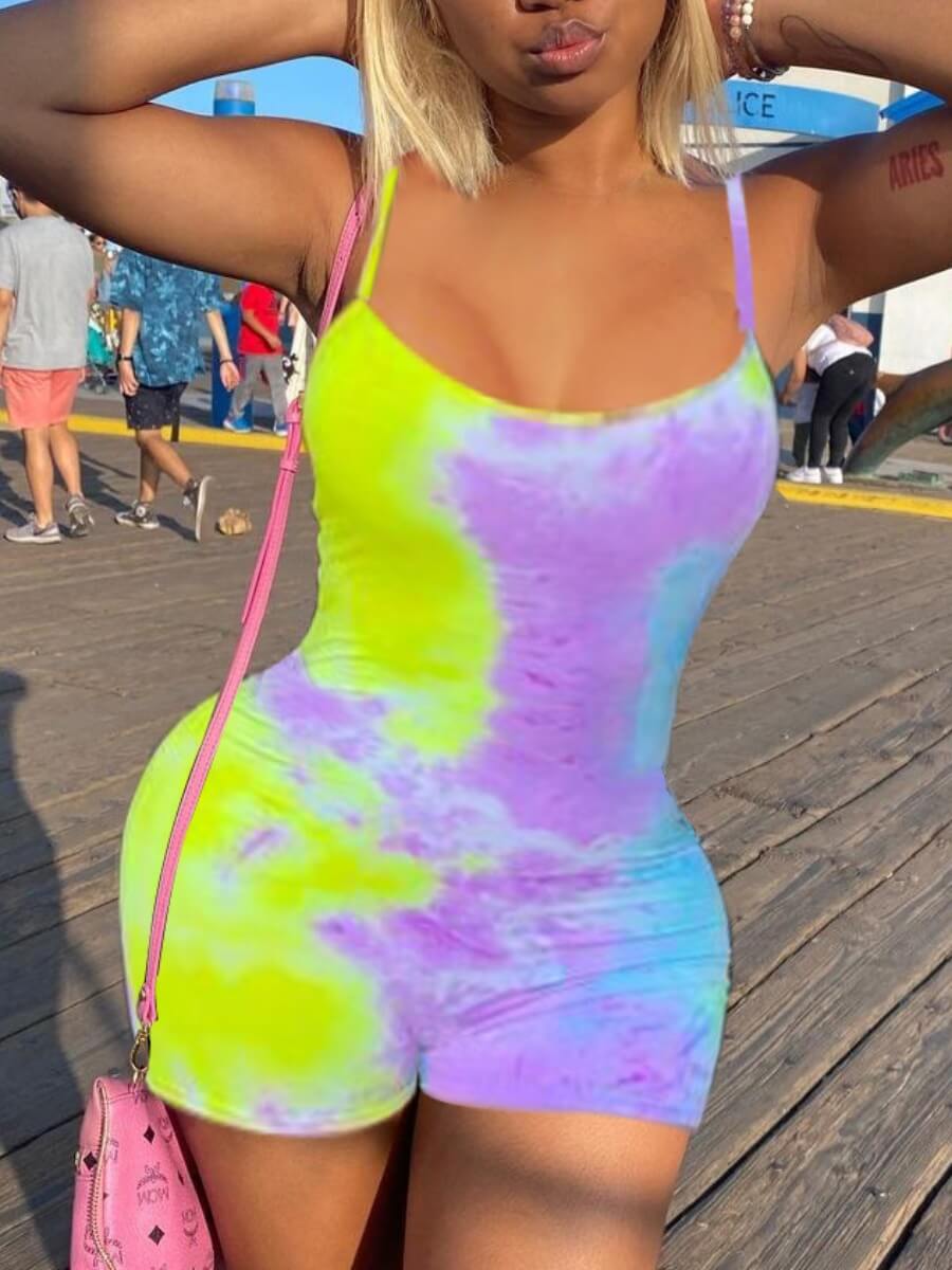 

Lovely Street Spaghetti Strap Tie-dye Multicolor One-piece Romper, Multi