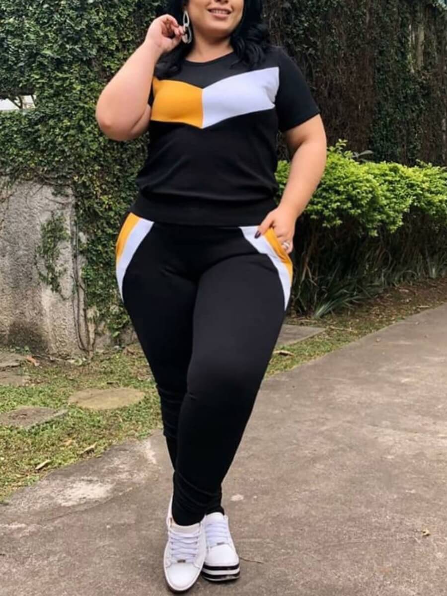 

Lovely Casual O Neck Patchwork Black Plus Size Two-piece Pants Set