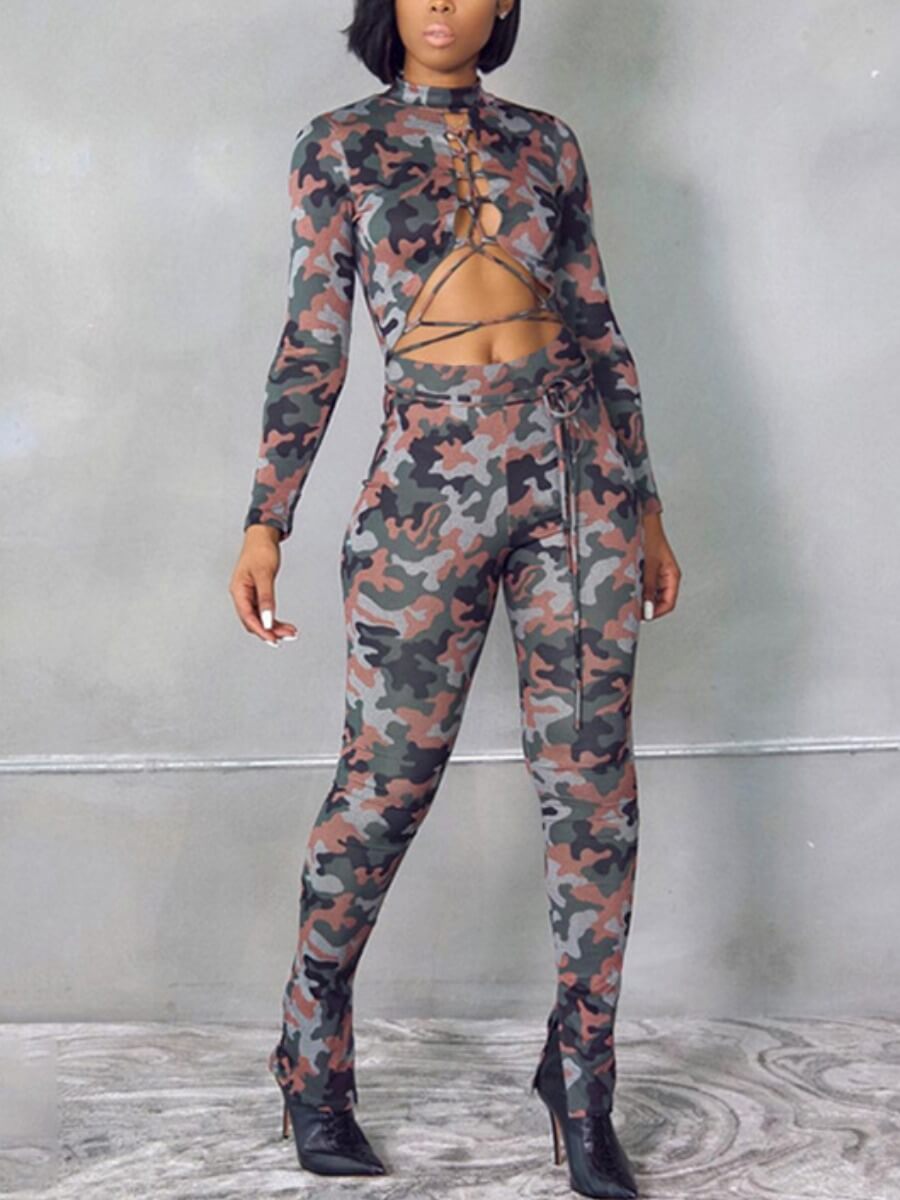 

Lovely Chic Camo Print Bandage Hollow-out Design Pink Two Piece Pants Set