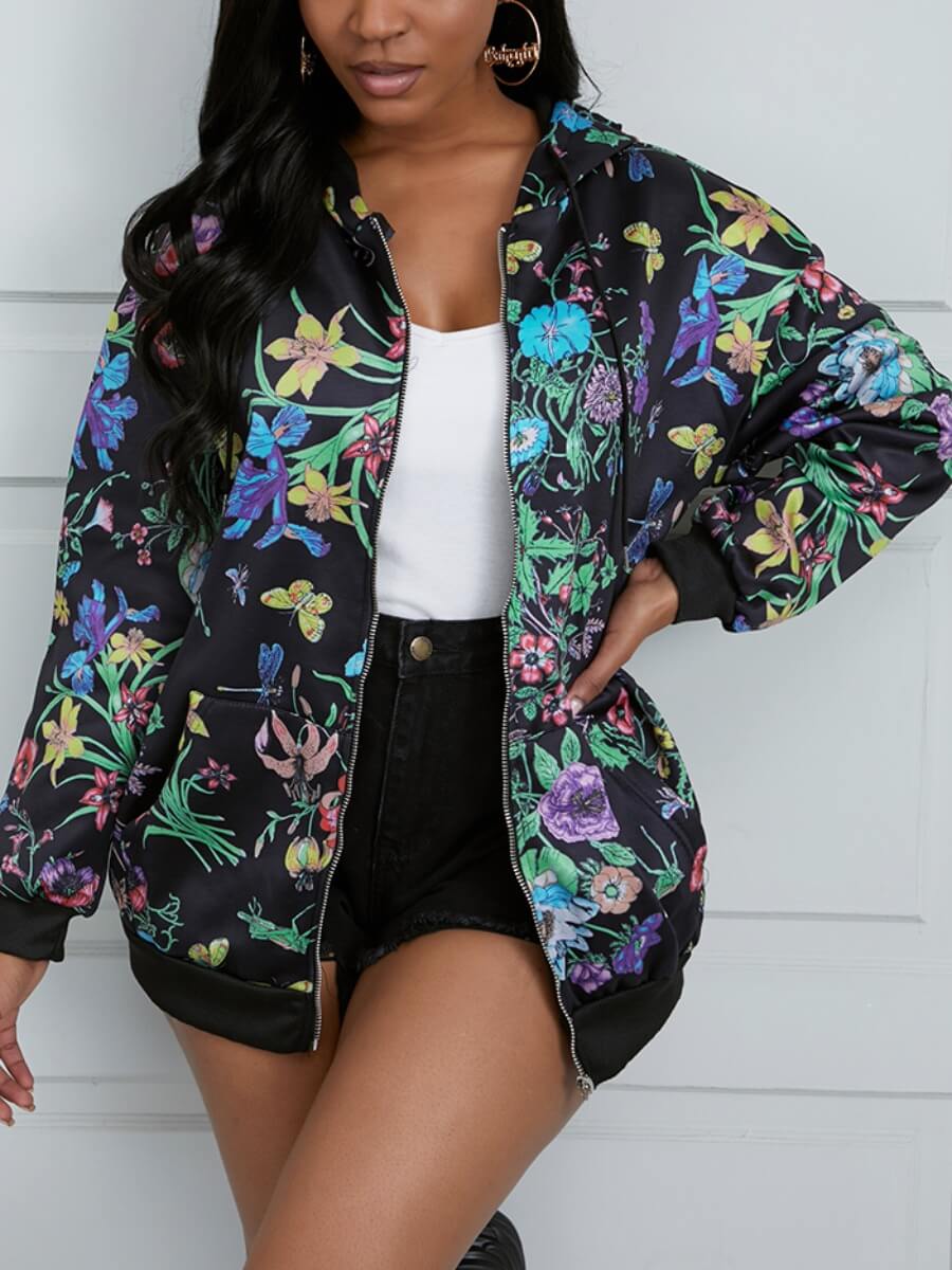 

Lovely Sportswear Hooded Collar Floral Print Black Hoodie Outwear