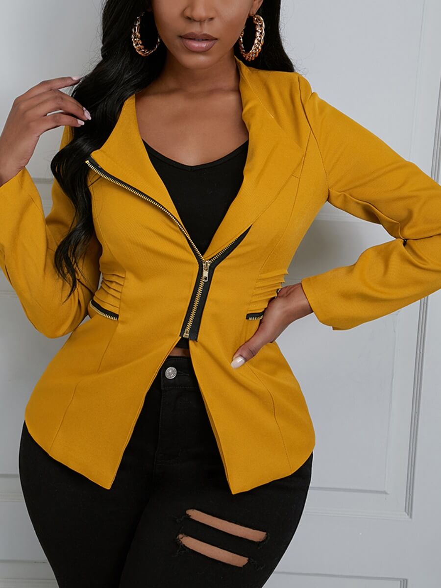 

Lovely Work Turndown Collar Zipper Design Yellow Jacket