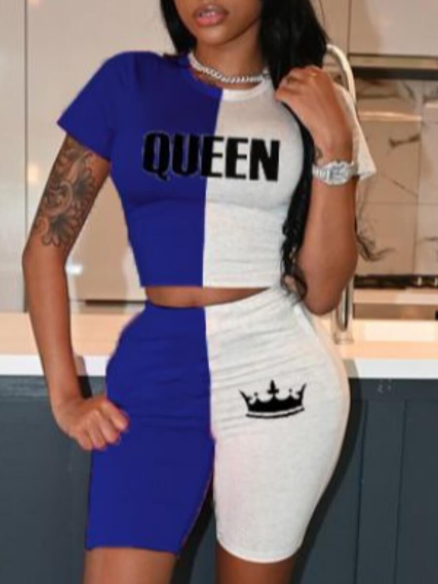 

Lovely Casual O Neck Letter Print Patchwork Blue Two Piece Shorts Set
