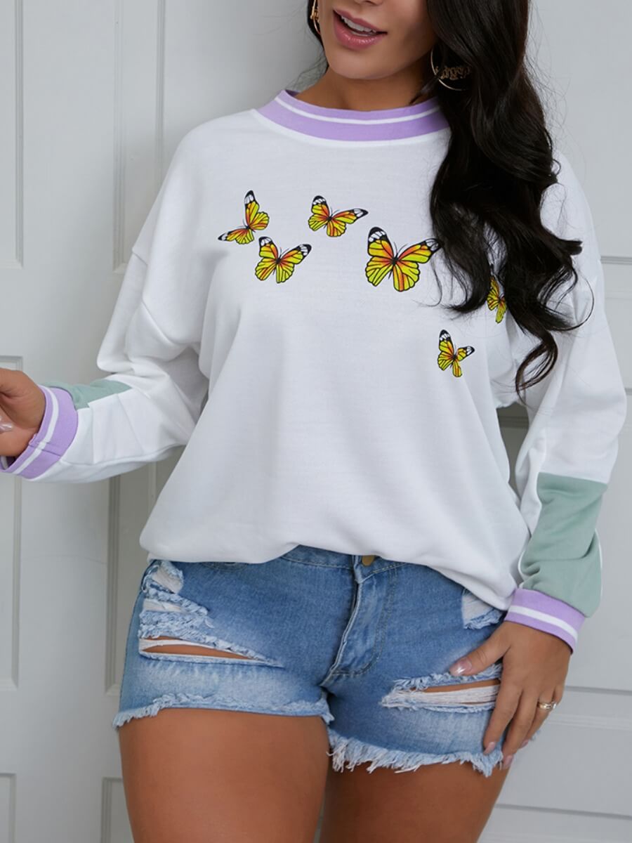 

Lovely Casual O Neck Butterfly Print Patchwork White Hoodie