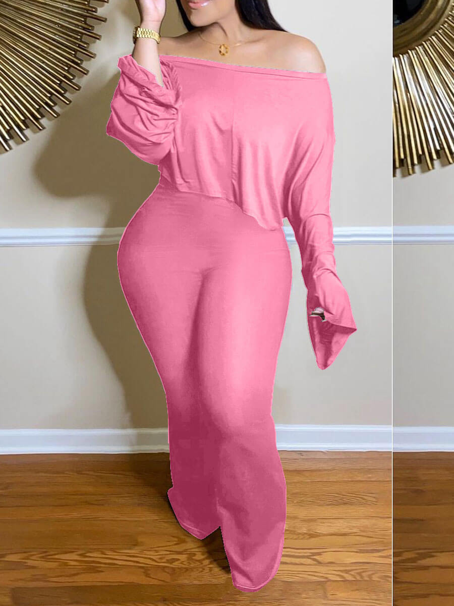 

Lovely Casual Off The Shoulder Flared Pink Two Piece Pants Set