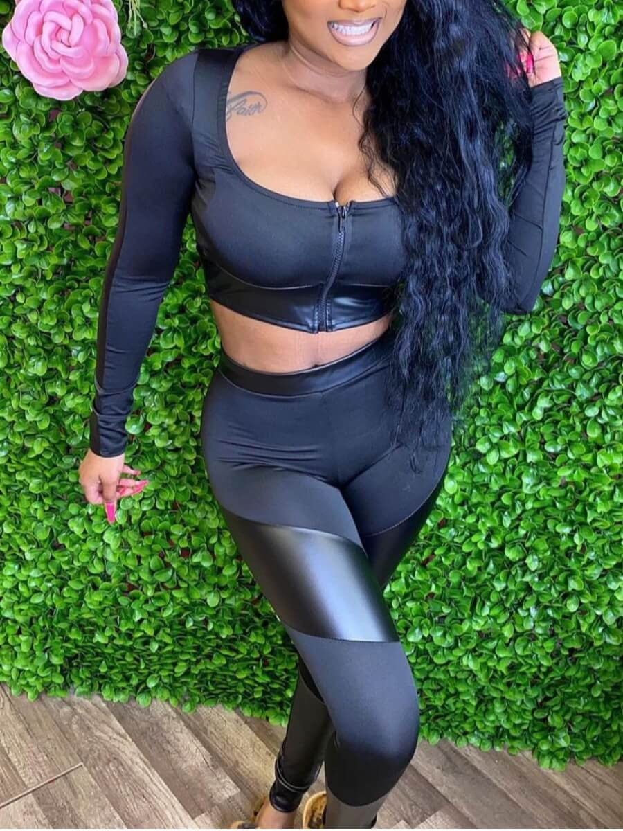 

Lovely Casual U Neck Patchwork Black Two Piece Pants Set
