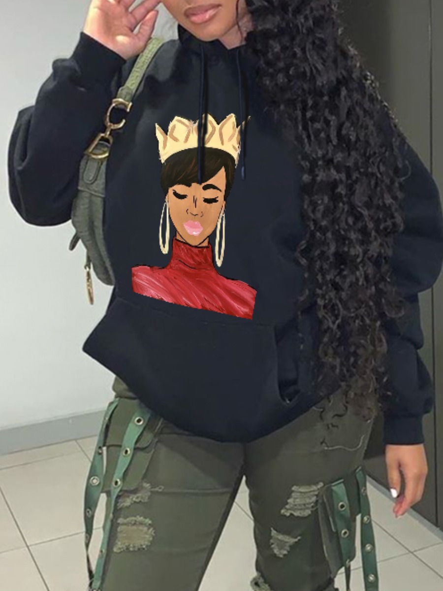 

Lovely Casual Hooded Collar Print Drawstring Black Hoodie