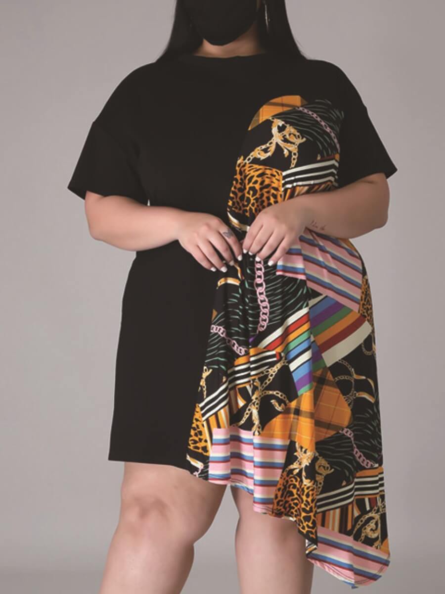 

Lovely Casual Print Patchwork Asymmetrical Black Knee Length Plus Size Dress