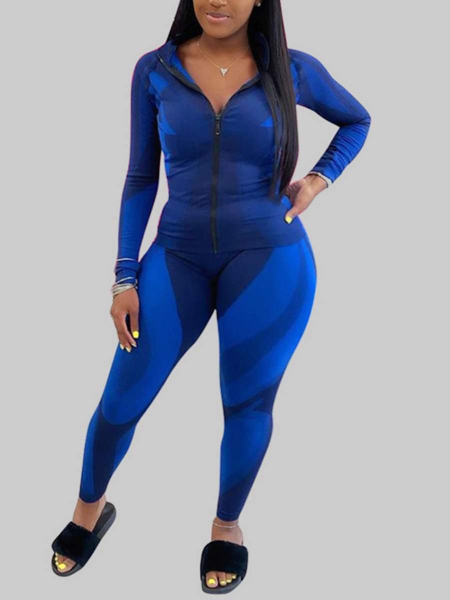 

Lovely Casual Turndown Collar Color-lump Patchwork Blue Plus Size Two-piece Pants Set